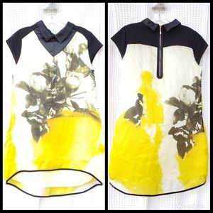 Silk chemise dress, large yellow rose print